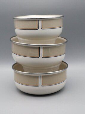 3 Vintage Kobe Kitchen Enamelware Bowls Mod Geometric Design Art Deco MCM